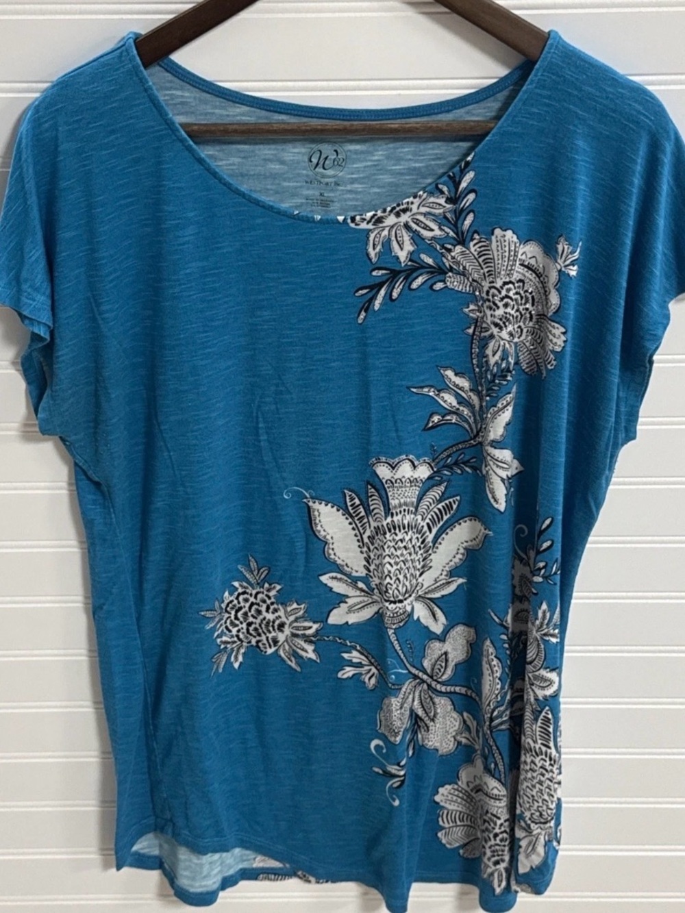 Westport Aqua Blue Scoop Neck Rhinestone Black & White Floral Blouse Sz XL
